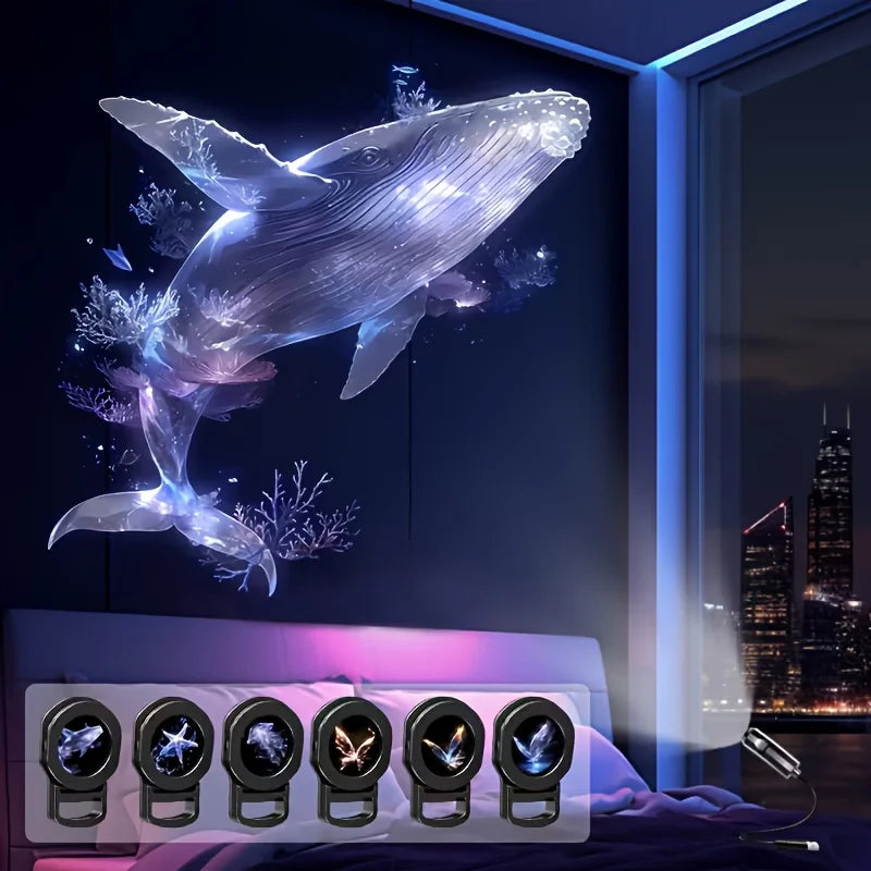 LED USB Projector Light 3/6pcs Projection Patterns- Adjustable Whale Butterfly Jellyfish Starfish Night Light Festival Gift