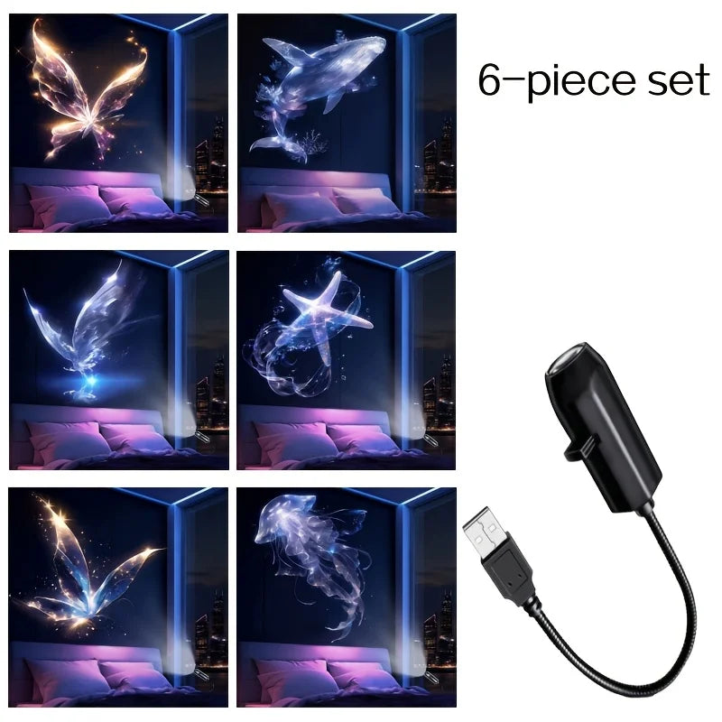 LED USB Projector Light 3/6pcs Projection Patterns- Adjustable Whale Butterfly Jellyfish Starfish Night Light Festival Gift
