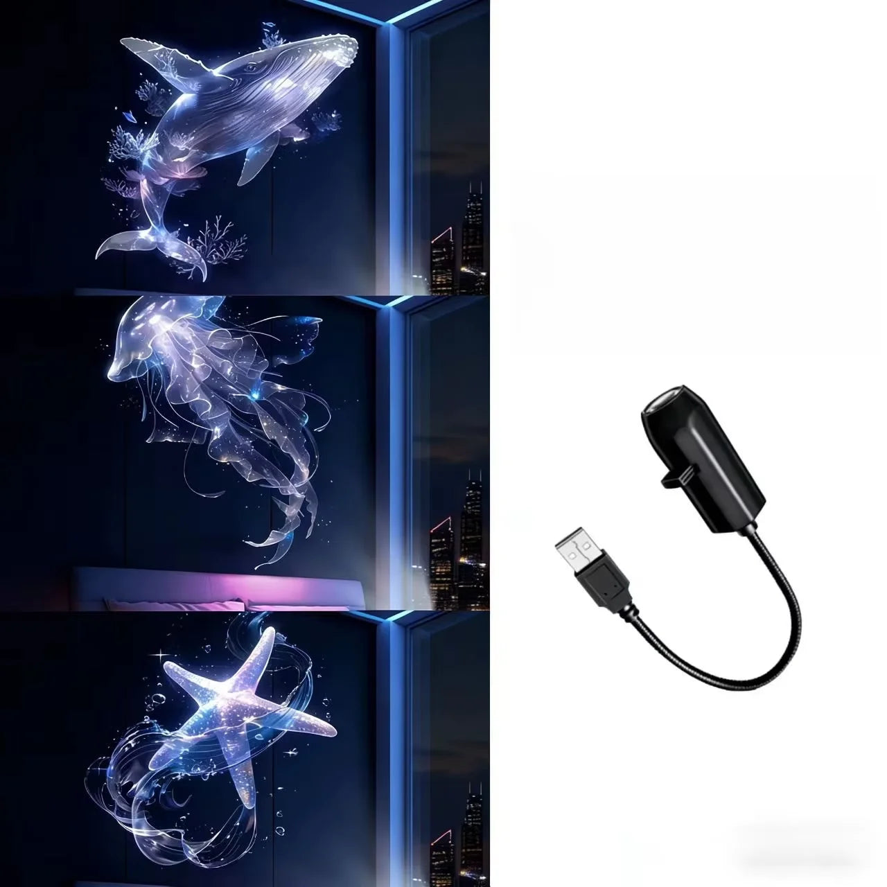 LED USB Projector Light 3/6pcs Projection Patterns- Adjustable Whale Butterfly Jellyfish Starfish Night Light Festival Gift